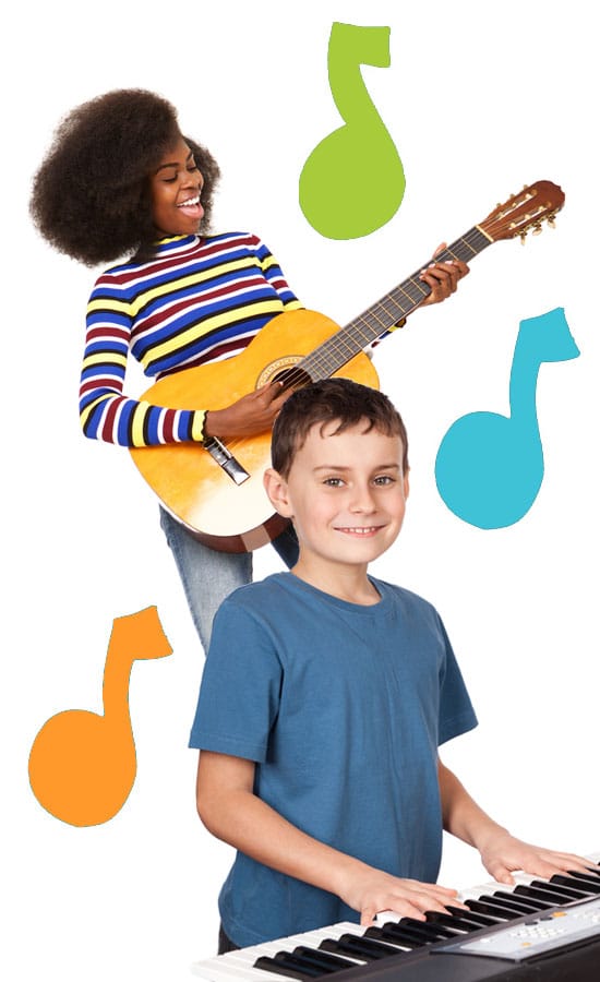 Students playing guitar and piano with music note graphics