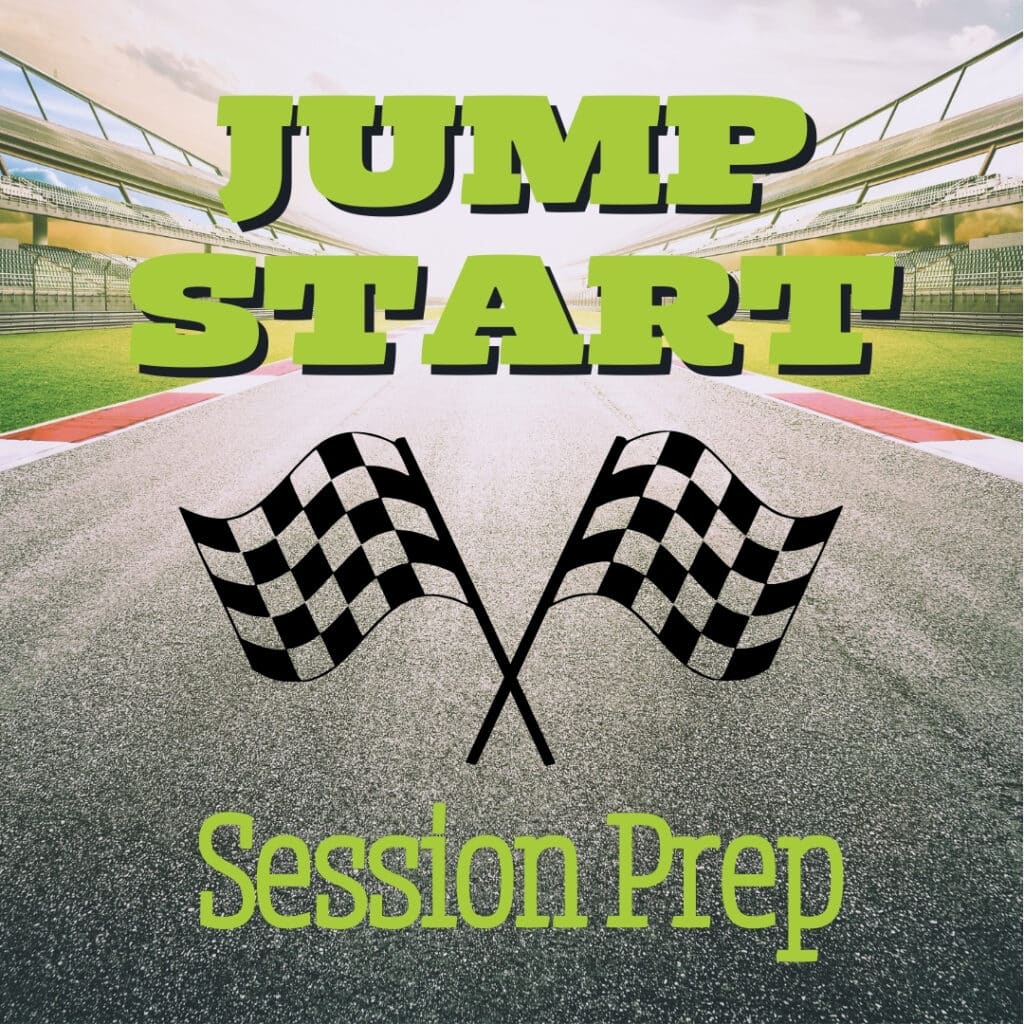 Jump Start Session Prep​ text with checkered flags and racetrack in background