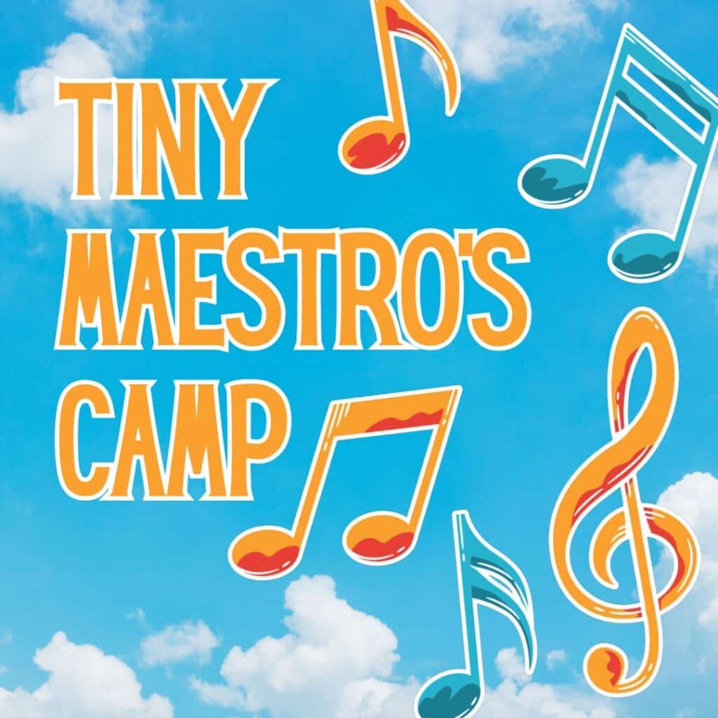 Tiny Maestro’s Camp​ text with music notes and clouds