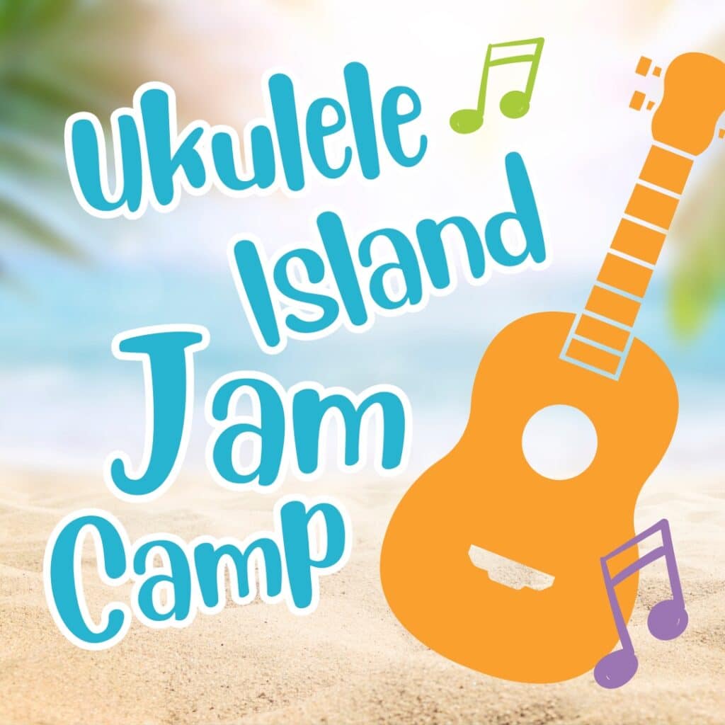 Ukulele Island Jam Camp text with ukulele and music note graphics on beach background