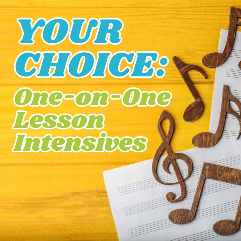 Your Choice: One-on-One Lesson Intensives text with music notes and blank sheet music